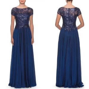 La Femme Navy Floral Lace Satin Illusion Gown Style 27924 Size 10 New